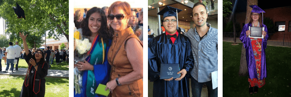Graduates celebrate milestone achievements with mentors, family members, diplomas, and graduation regalia in a four-photo collage.