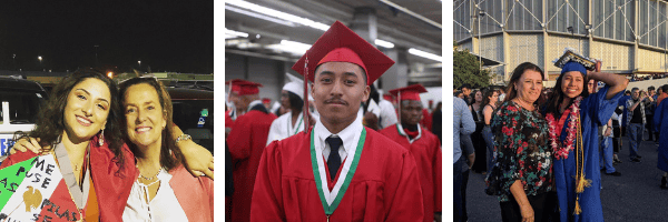 Graduates celebrate educational milestones with mentors and family members in a collage of graduation day photos.
