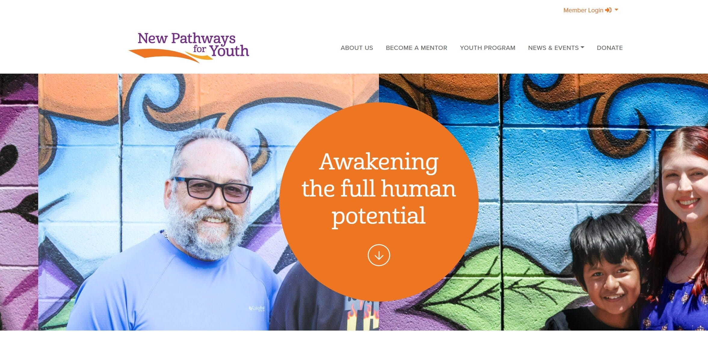 Screenshot of the New Pathways for Youth homepage with the Member Login option highlighted in the top-right corner for accessing mentor resources.