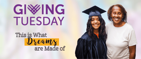Giving Tuesday campaign graphic featuring a smiling graduate in cap and gown standing beside a mentor