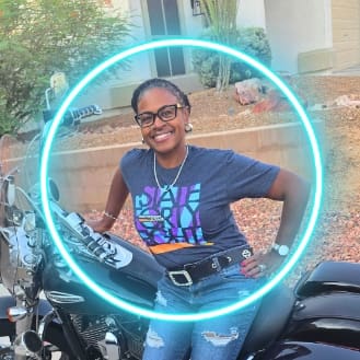 New Pathways for Youth | Possibilities Circle A man wearing glasses with a neon blue circular frame effect around his individual portrait.