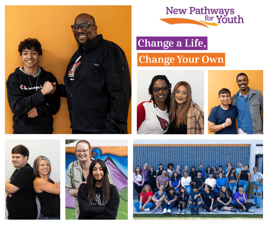 National Mentoring Month graphic featuring mentor-mentee pairs and group participants from New Pathways for Youth with the message, Change a Life, Change Your Own.